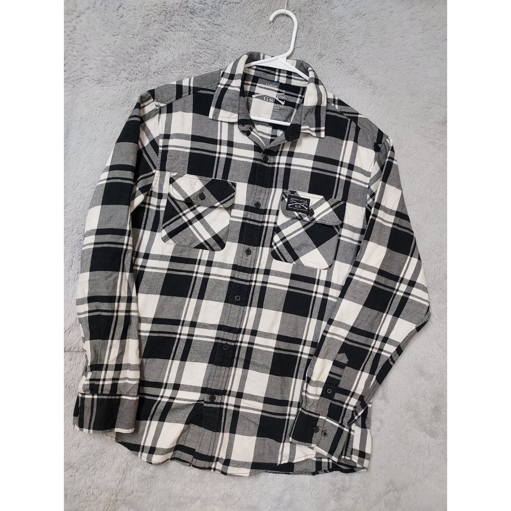 Grunt Style Shirt Mens Large Plaid Flannel Long Sleeve Button Down Black White L